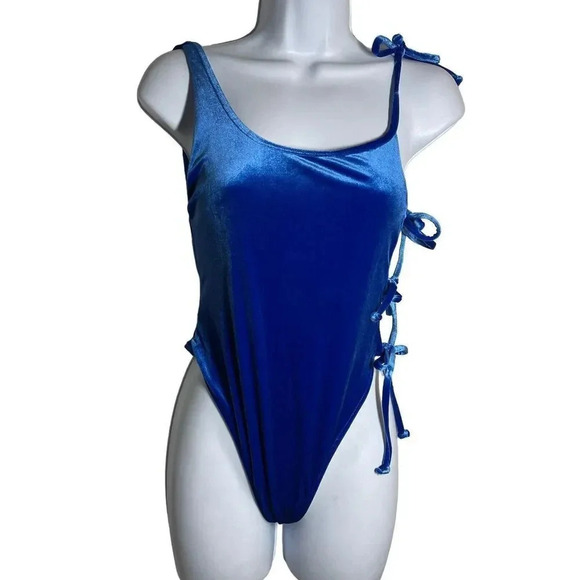 Frankie’s bikinis Honey Velvet Cheeky One Piece Swimsuit NWT Size Medium Blue - Picture 3 of 11